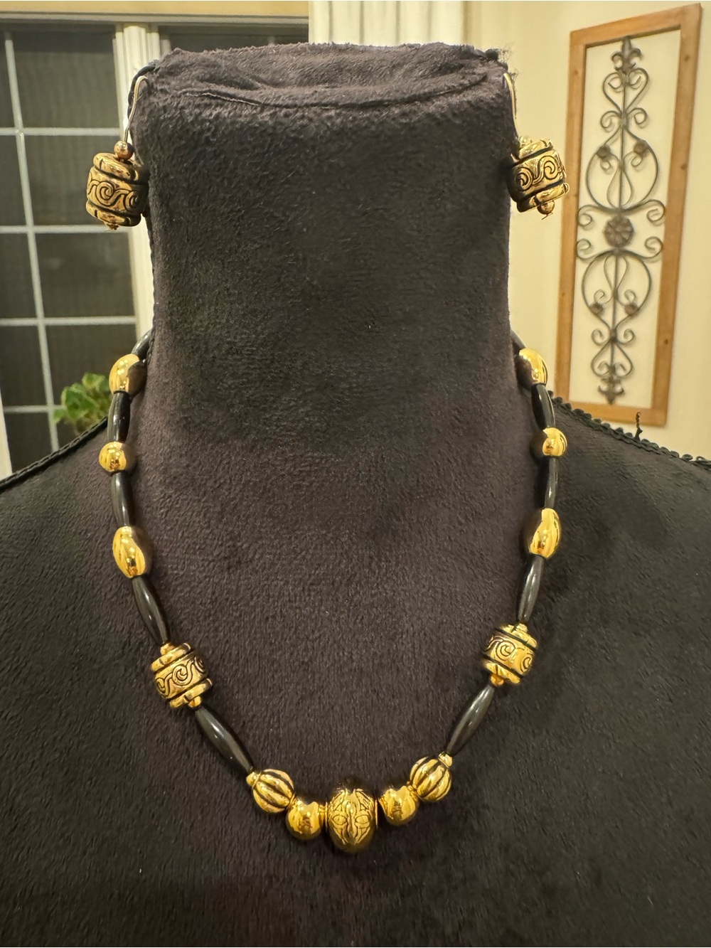 Vintage Napier Gold and Black Ornate Bead Necklace and Earring Set